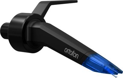 DJ-pladespillercelle fra Ortofon Concorde Music Blue, sort kabinet, blå nål, set fra højre trekvartersvinkel
