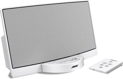 Bose SoundDock multimedieanlæg set forfra i hvid, metalgitter, dockingstation til mobilenhed