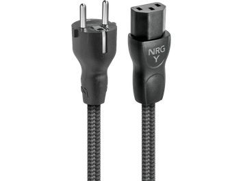 Audioquest NRG-Y3 1 m black power cord with braided nylon sleeve, black plastic Schuko and IEC C13 connectors, front view