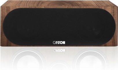 Cassa centrale Canton Townus 50 noce, cabinet in legno marrone e grande griglia frontale nera vista frontale