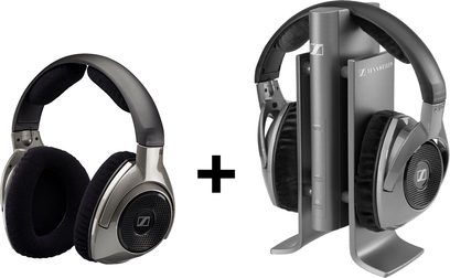 Otevřená hifi sluchátka Sennheiser RS180 v černé a stříbrné barvě a přídavná sluchátka HDR180 v černé, pohled z profilu