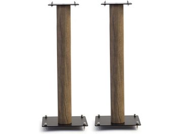 Twee Norstone Stylum 3 luidsprekerstands van massief eikenhout, cilindrisch, slank, met metalen plaatjes aan de uiteinden