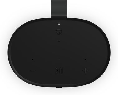 Black Sonos PLAY portable Bluetooth speaker, top view with touch controls and integrated wrist strap
