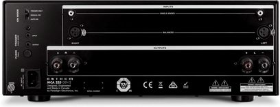 Anthem MCA 225 GEN 2 sort effektforstærker, frontpanel, frontvisning, 2 knapper, 4 stik, påskrifter