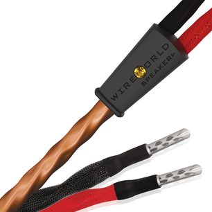 Cavo altoparlante con guaina intrecciata in rame, connettori metallici argentati, terminali nero e rosso, involucro nero con marchio.