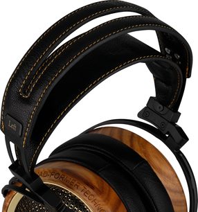 Sluchátka Sendy Audio Peacock Zebra s otevřenou konstrukcí, detailní pohled z pravého profilu, sluchátka ze zebrového dřeva, oblouk a polstrování z černé kůže