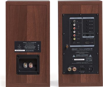 Två Elipson Horus 6 Active BT Phono-högtalare i valnöt, bakifrån, RCA/optisk/koaxial, HDMI ARC/USB, högtalarterminaler, knappar