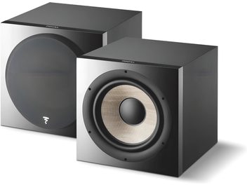 Focal SUB 1000 F svart basförstärkare, framifrån och trekvartsperspektiv, kubisk form, centralt runt högtalarelement