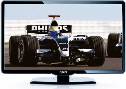 Philips 52PFL7404H-fladskærms-TV, der viser en Williams FW29 Formel 1-bil kørt af Nico Rosberg under en Grand Prix
