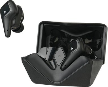 Čierne bezdrôtové slúchadlá Hifiman Svanar Wireless 2 s otvoreným hranatým puzdrom a jedným slúchadlom mimo puzdra