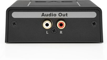Príslušenstvo pre kábel SVS SoundPath Speaker Level, pohľad spredu, dva RCA porty označené L a R, text "Audio Out" nad nimi.