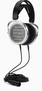 Atviras laidinis Hifiman HE600 ausinių džinsas, juodas ir sidabrinis, metalinės tinklelinės gaubtuvės, dvigubas laidas su XLR lizdu
