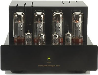 Forside af en sort PrimaLuna ProLogue Four rørforstærker, 4 tændte rør synlige, minimalistisk design