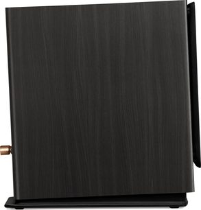 Altavoz de estantería Triangle Solstice 3 negro, vista lateral, acabado de madera oscura con base negra y botón cobrizo