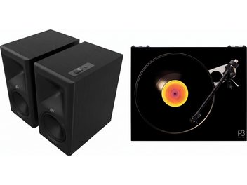 Gira-discos Rega Planar 3 preto com braço de leitura e par de colunas ativas Klipsch pretas