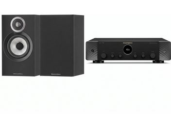 Czarny amplituner stereo Marantz Stereo 70s z parą czarnych głośników podstawkowych Bowers & Wilkins, widok z przodu