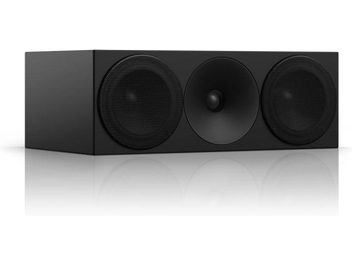 Amphion Helium 520C sort central højttaler, set forfra, 3 runde sorte højttalere på rektangulær mat sort front
