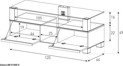 Teknisk diagram med dimensioner af et Sonorous MD9120 TV-møbel på bestilling med 2 niveauer i glas og metal, 120 cm langt