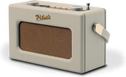 Roberts Revival Uno BT cremefarvet bordradio, rektangulært cremefarvet kunstlæderkabinet med gylden metalgitter på fronten, gyldent Roberts-logo, trekvarts forfra højre visning der viser cremefarvede øverste knapper, krom teleskopantenne og tilpasset sidebælte