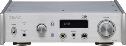TEAC UD-505 sølvfarvet hovedtelefonforstærker, frontpanel med hovedtelefonstik, knapper, volumenkontrol, USB-display og indgangsvælgere
