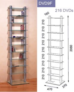 Spectral DVD 9 F hi-fi møbel i metal og glas, 9 hylder til 216 DVD'er, mål 210 x 47 x 37 cm