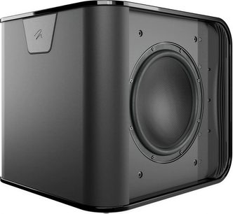 MartinLogan Depth 212 subwoofer i sort lak, set i trekvartsvinkel med synlig sidehøjttaler