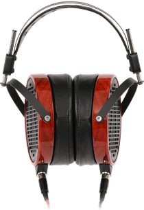 Atviras laidinis hi-fi ausinės Audeze LCD-2 Padauk, vaizdas iš priekio, apvalios medinės ausų pagalvėlės, juodi pagalvėlės, metalinis lankelis
