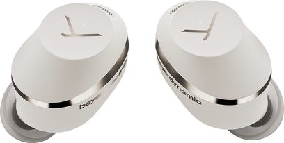 Amiron 300 kulak içi kulaklık, bej oval kasa, gümüş metalik detaylar ve gri silikon kulak uçlarıyla