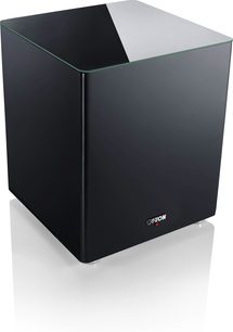 Subwoofer Canton Smart Sub 12 nero a cubo, parte superiore in vetro lucido, vista da tre quarti anteriore