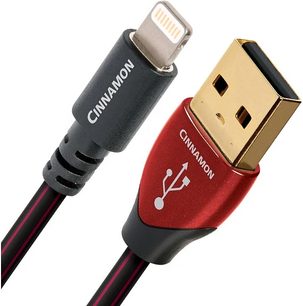 Audioquest Cinnamon juodas ir raudonas USB laidas, pilki USB-A ir raudoni Lightning jungtys, 0,75 metro ilgio