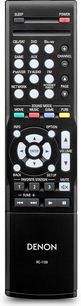 Sort Denon RC-1169 fjernbetjening med multifarvede knapper til at styre forskellige funktioner på en hjemmebiografsforstærker