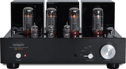 Line Magnetic LM-34IA sort hi-fi rørforstærker, set forfra, metalkabinet, 8 rør, knapper, hovedtelefonstik