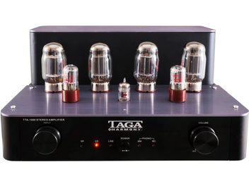 Hi-fi лампов усилвател Taga Harmony TTA-1000 в черно, изглед отпред. 7 вакуумни лампи, бутони и входове на предния панел върху черно шаси