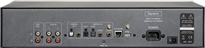Atoll Electronique ST200 Signature sølvfarvet netværksaudioafspiller, bagside, audio- og netværksforbindelser, strømafbryder