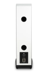 Тонколона Mofi Electronics SourcePoint 888 бяла, изглед отзад с два черни басрефлексни отвора и клеми