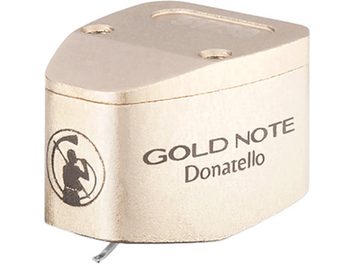 Wkładka gramofonowa Gold Note Donatello, pozłacana obudowa widoczna z perspektywy 3/4, grawerowane logo