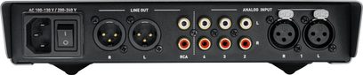 Nuprime AMG HPA hovedtelefonforstærker, sort bagside med RCA-stik, 4-bens XLR og 6,35 mm stereo jackstik