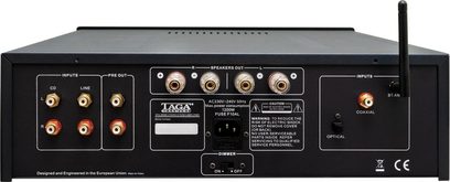 Taga Harmony HTA-2500B sort hi-fi stereoforstærker, bagside, tæt centreret udsigt, stik og indstillinger synlige