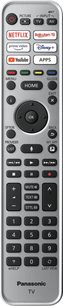 Dálkový ovladač Panasonic stříbrný s černými a bílými tlačítky pro TV, aplikace, navigaci a ovládání, pohled zepředu