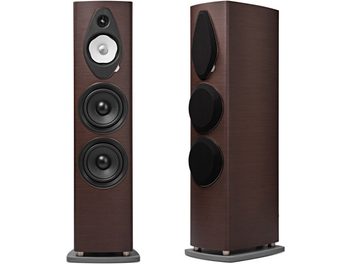 Sonus Faber Sonetto VIII G2 venge krāsas grīdas skaļrunis, skats no priekšpuses un trīs ceturtdaļu leņķī ar trim melniem skaļruņiem