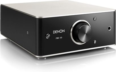 Denon PMA-50 svart stereohögtalare, frontvy, frontpanel med vridreglage och hörlursuttag