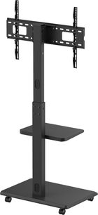 Norstone Pro Vision Plus black metal TV stand, three-quarter front view, rectangular column with cable management, intermediate shelf, rectangular base on four casters, adjustable perforated VESA plate