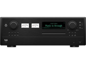 Ampli intégré stéréo T+A R 2500 R noir, vu de face, avec deux cadrans à aiguilles, écran vert et deux grandes molettes