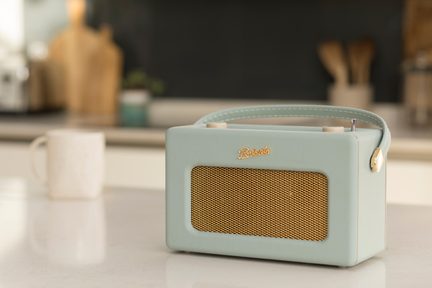 Bærbar rektangulær radio i pastelgrøn kunstlæder med matchende håndtag, gyldent metalhøjttalergrill og cremefarvede knapper på toppen, set fra trekvart forfra