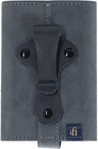 Estojo iFi Audio xDSD Gryphon em camurça cinzenta, presilha de cinto com rebites, costuras aparentes