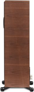 Paradigm Founder 80F floorstanding speaker in walnut finish, front view, vertically grained wood, black grille, black feet
