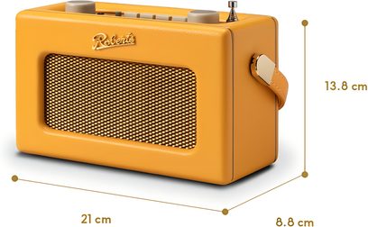Radio da tavolo Roberts Revival Uno BT in custodia rettangolare rivestita in similpelle gialla, vista a tre quarti frontale, con griglia metallica dorata sul frontale, due grandi pulsanti superiori, antenna telescopica e cinghia laterale.