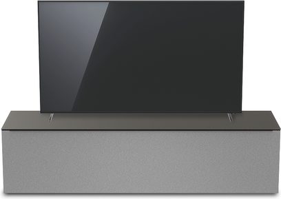 TV nábytek v tmavě šedé a světle šedé barvě, černá televize, pohled zepředu, čistý a moderní design
