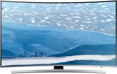 Samsung UE49KU6640UXZF 49" TV viser et billede af skiløbere på en snedækket skråning med mange spor i sneen