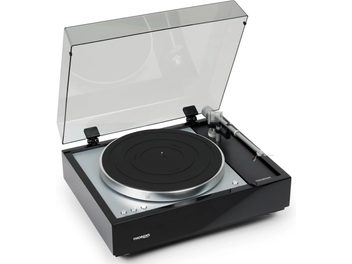 Giradischi Thorens TD 1601 nero laccato, vista dall'alto a picco, coperchio aperto, braccio di lettura, piatto girevole